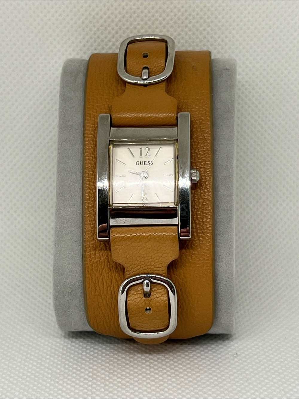 Ladies GUESS Tan Leather Double-Wrap Strap Watch with Silver Case
